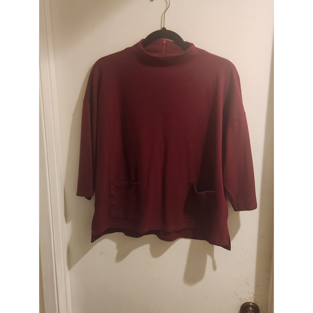 Bobeau Burgundy Mock Neck 3/4 Sleeve Knit Top XL MT5086 Front Pockets